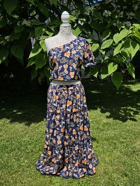 Navy Blue Floral Two-Piece Skirt Set with Orange Blooms
